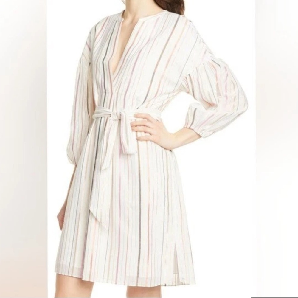 < Joie “Semra” Metallic Striped Belted Cotton Dress > - Picture 1 of 6